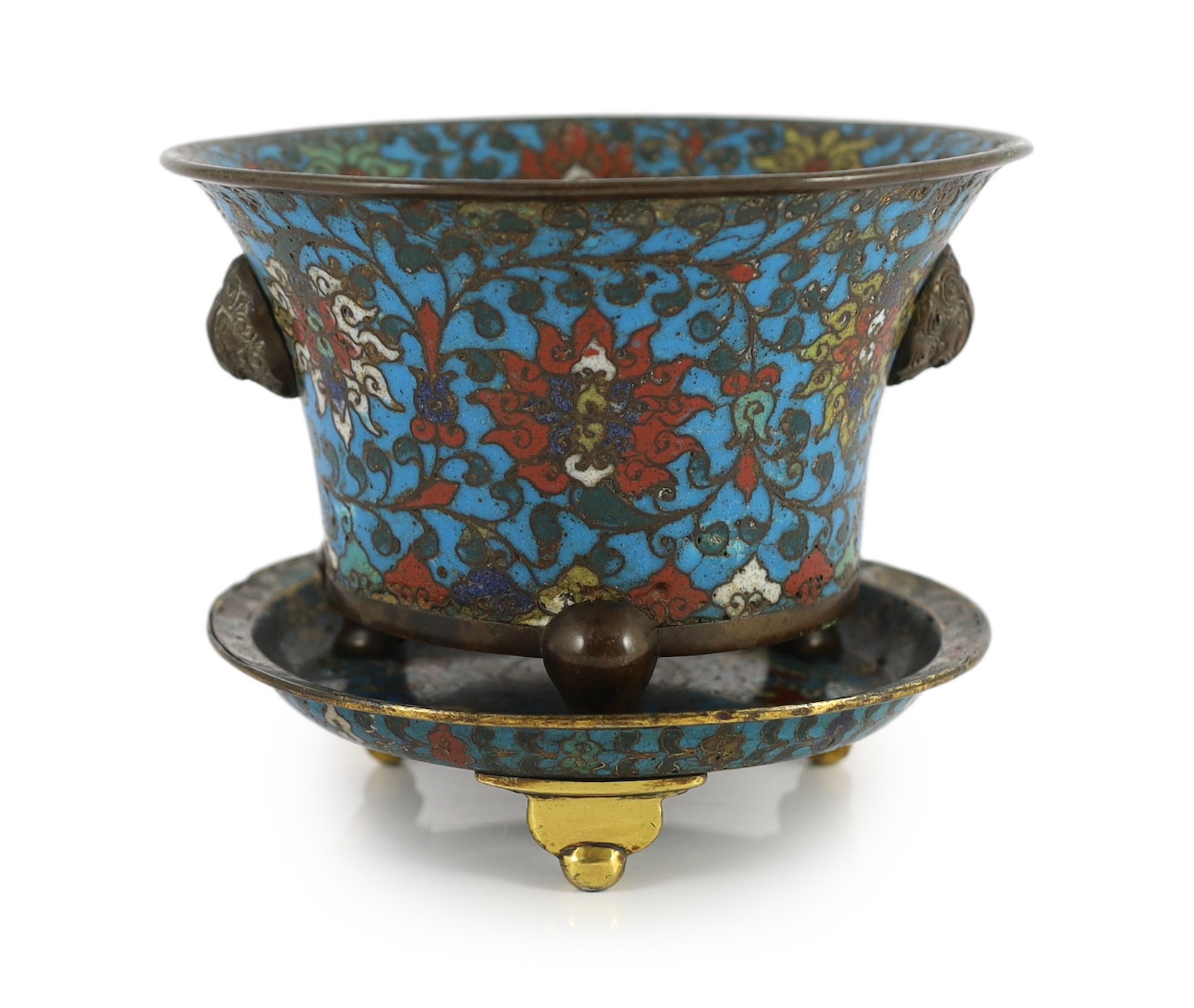 A Chinese Ming cloisonné enamel and bronze tripod censer and associated tripod stand, 16th/17th century, 26.8cm diameter